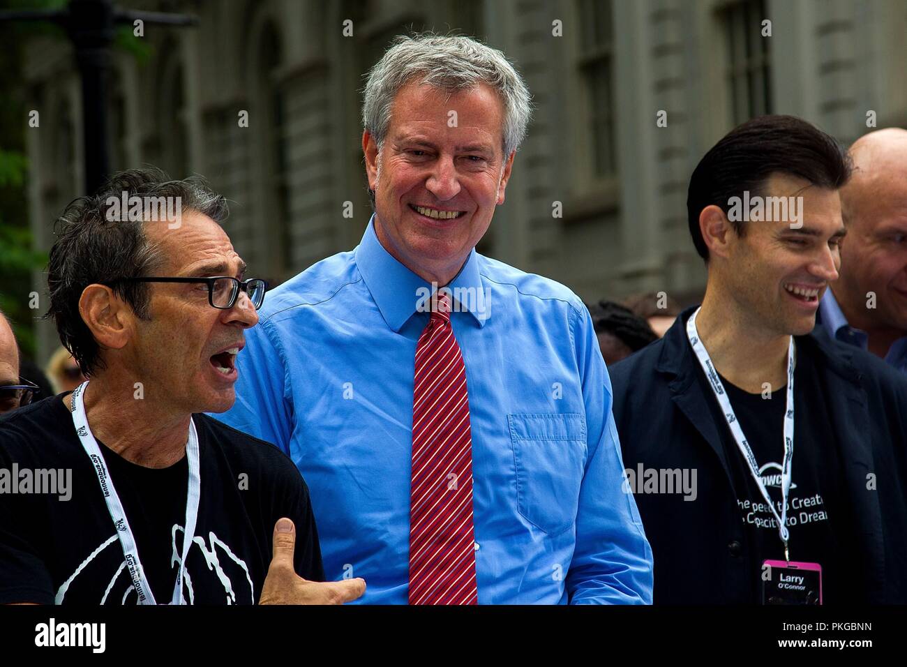 New York, NY, USA. 13th Sep, 2018. Brian Rothschild, Bill de Blasio, Larry  O'Connor at a public appearance for The John Lennon Educational Tour Bus  Returns to NYC, New York City Hall,