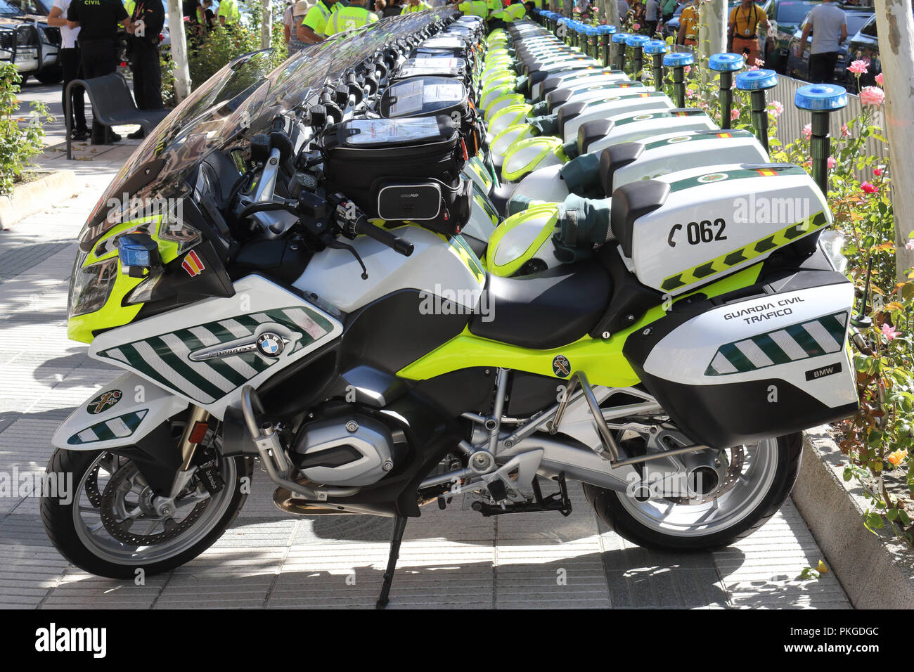 Ejea de los Caballeros, Spain. 13th Sep, 2018. A symmetrical series of Spanish Guardia Civil (police) morotcycles lined up at the start of the Vuelta de Espana, stage 18. Isacco Coccato/Alamy Live News Stock Photo