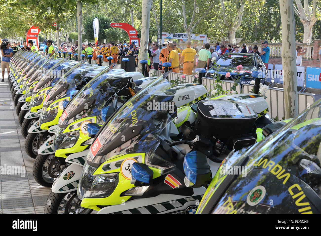 Ejea de los Caballeros, Spain. 13th Sep, 2018. A symmetrical series of Spanish Guardia Civil (police) morotcycles lined up at the start of the Vuelta de Espana, stage 18. Isacco Coccato/Alamy Live News Stock Photo
