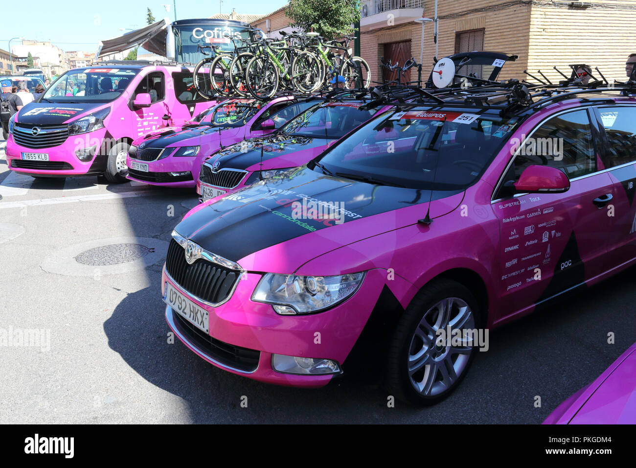 Ejea de los Caballeros, Spain. 13th Sep, 2018. The TEAM EF EDUCATION FIRST - DRAPAC P/B CANNONDALE  team cars parked at the start of the Vuelta, with bicycles on the baggage rack.. Isacco Coccato/Alamy Live News Stock Photo