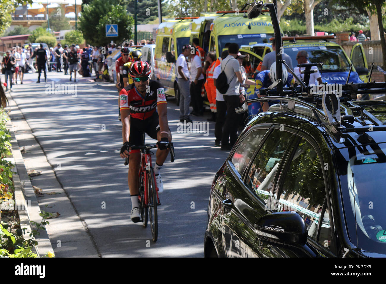 Ejea de los Caballeros, Spain. 13th Sep, 2018. Francisco Jose Ventoso Alberdi approaching to the start of Vuelta de Espana, stage 18. Isacco Coccato/Alamy Live News Stock Photo