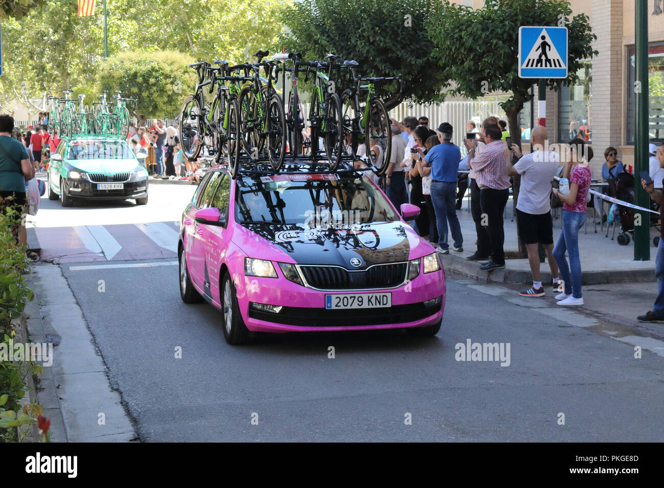 Ejea de los Caballeros, Spain. 13th Sep, 2018. The TEAM EF EDUCATION FIRST - DRAPAC P/B CANNONDALE team cars moving on the road of the start of the Vuelta in a parade. Isacco Coccato/Alamy Live News Stock Photo