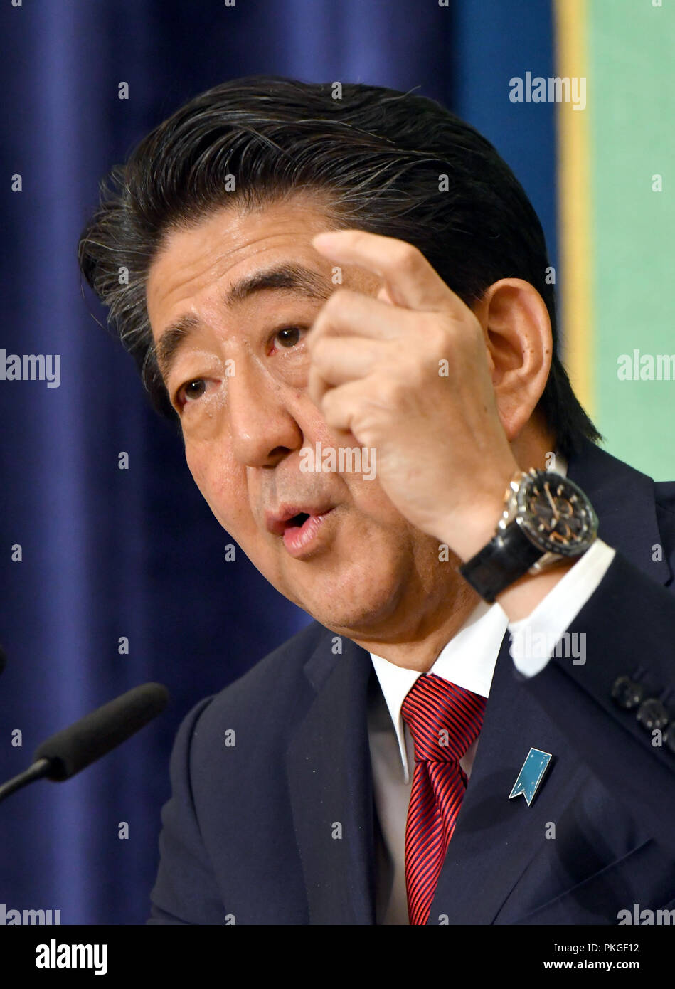 Tokyo, Japan. 14th Sep, 2018. Shinzo Abe, Japans prime minister and president of the ruling Liberal Democratic Party, sets out his policies during a debate at the Japan National Press Club in Tokyo on Friday, September 14, 2018. Abe takes on former ruling party Secretary-General Shigeru Ishiba in the race for the party presidency slated for September 20. Credit: Natsuki Sakai/AFLO/Alamy Live News Stock Photo
