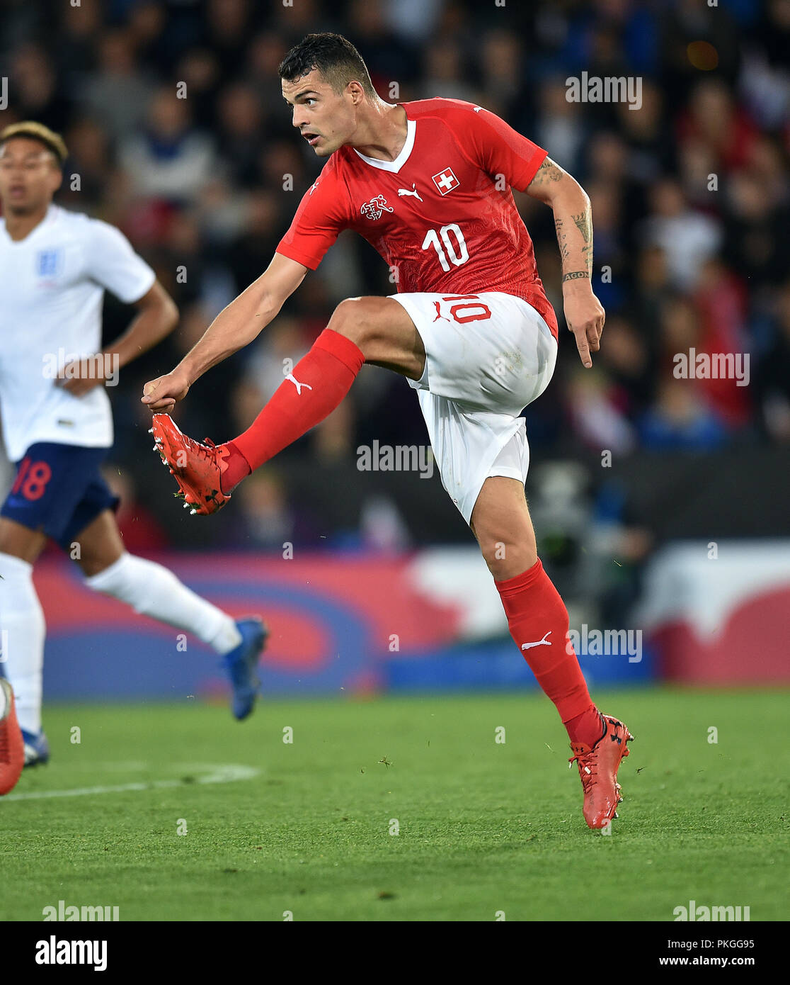 Granit Xhaka of Switzerland ENGLAND V SWITZERLAND INTERNATIONAL FRIENDLY ENGLAND V SWITZERLAND INTERNATIONAL FRIENDLY 11 September 2018 GBC12081 STRICTLY EDITORIAL USE ONLY. If The Player/Players Depicted In This Image Is/Are Playing For An English Club Or The England National Team. Then This Image May Only Be Used For Editorial Purposes. No Commercial Use. The Following Usages Are Also Restricted EVEN IF IN AN EDITORIAL CONTEXT: Use in conjuction with, or part of, any unauthorized audio, video, data, fixture lists, club/league logos, Betting, Games or any 'live' services. Stock Photo