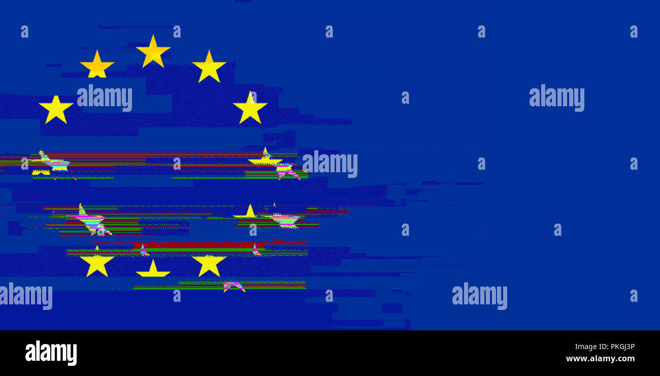 EU Flag glitched and distorted. European Union break-up. EU breaking apart. Problem in Europe. Stock Photo