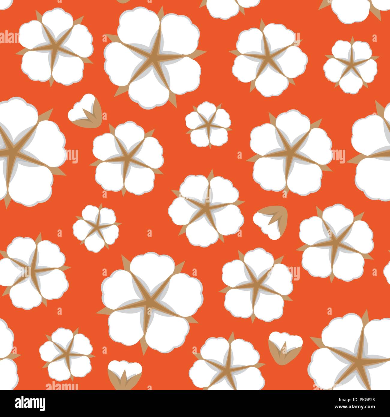 Cotton flower Seamless pattern. Flat style on orange background. Vector illustration. Stock Vector