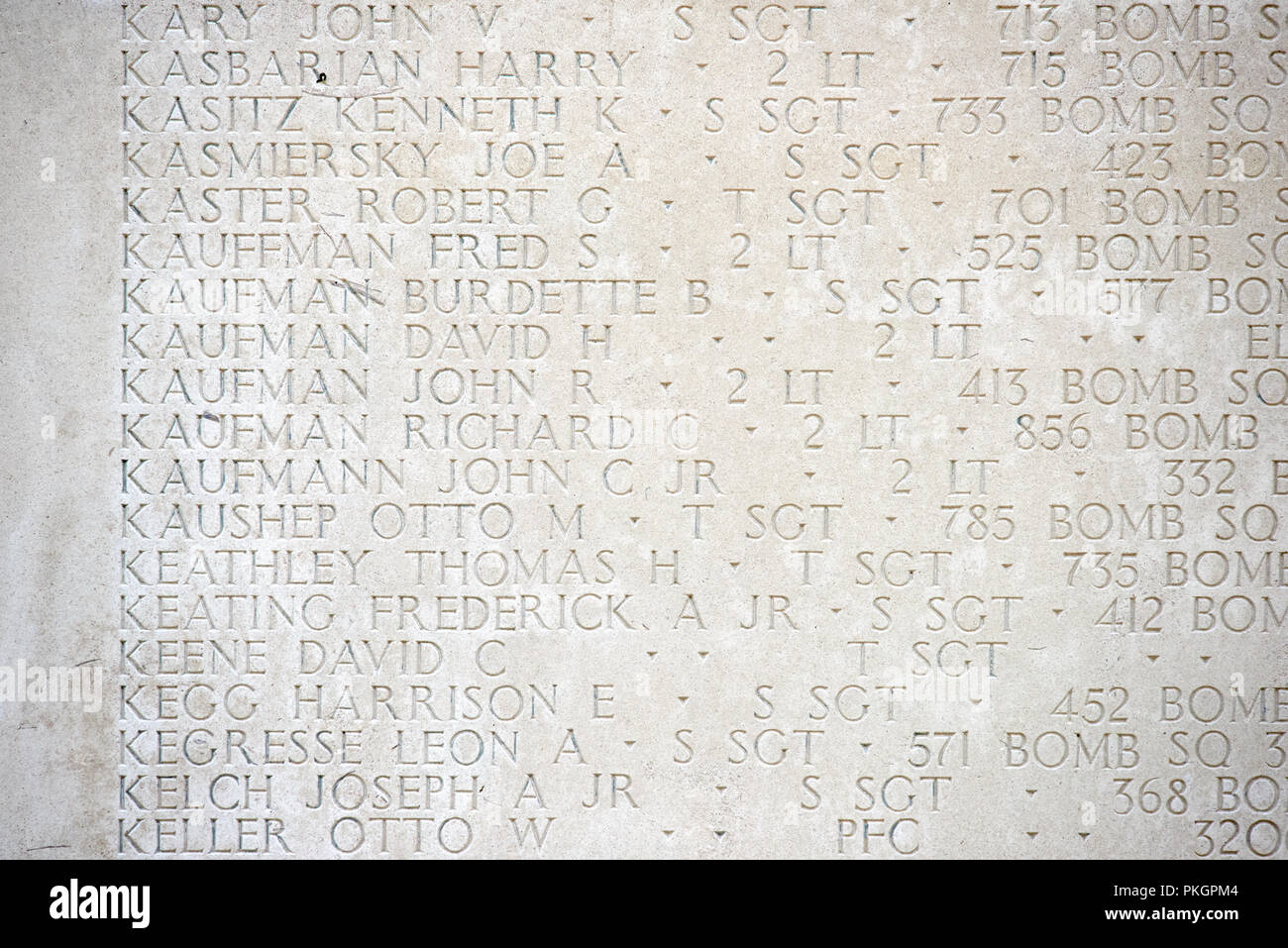 Names on the wall of the missing at the american war cemetery and memorial, Madingley, Cambridge, England. Stock Photo