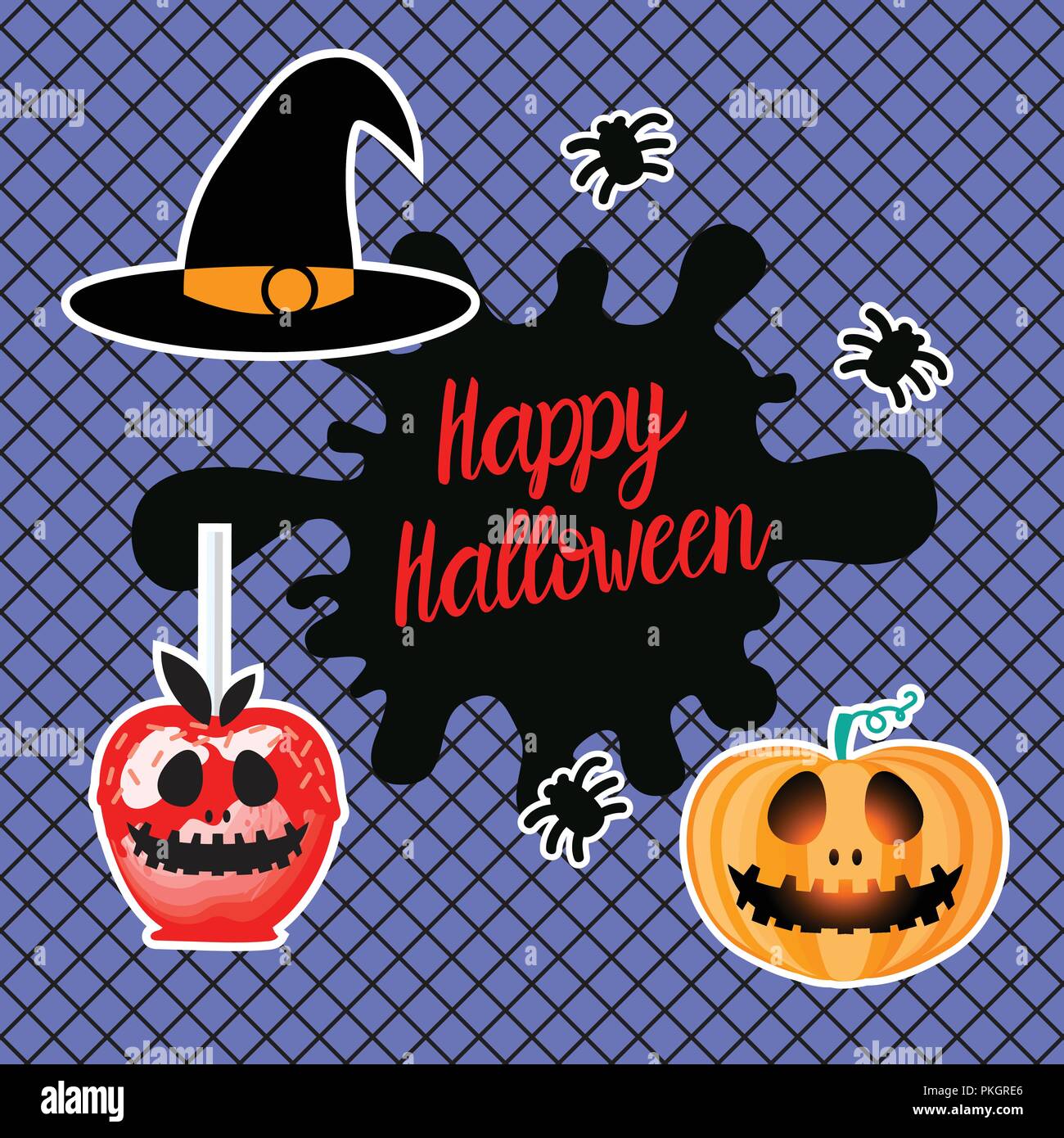 Happy Halloween design. Set of hearts hand draw. Vector illustration isolated on blue background. Black fishnet tights seamless pattern. Stock Vector