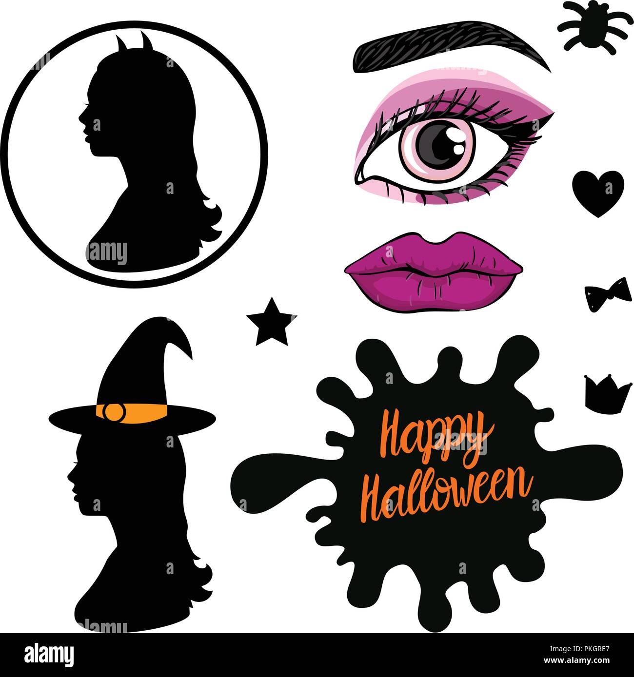 Set Happy Halloween design. Female silhouette of witch side view. Vector illustration on white background. Stock Vector