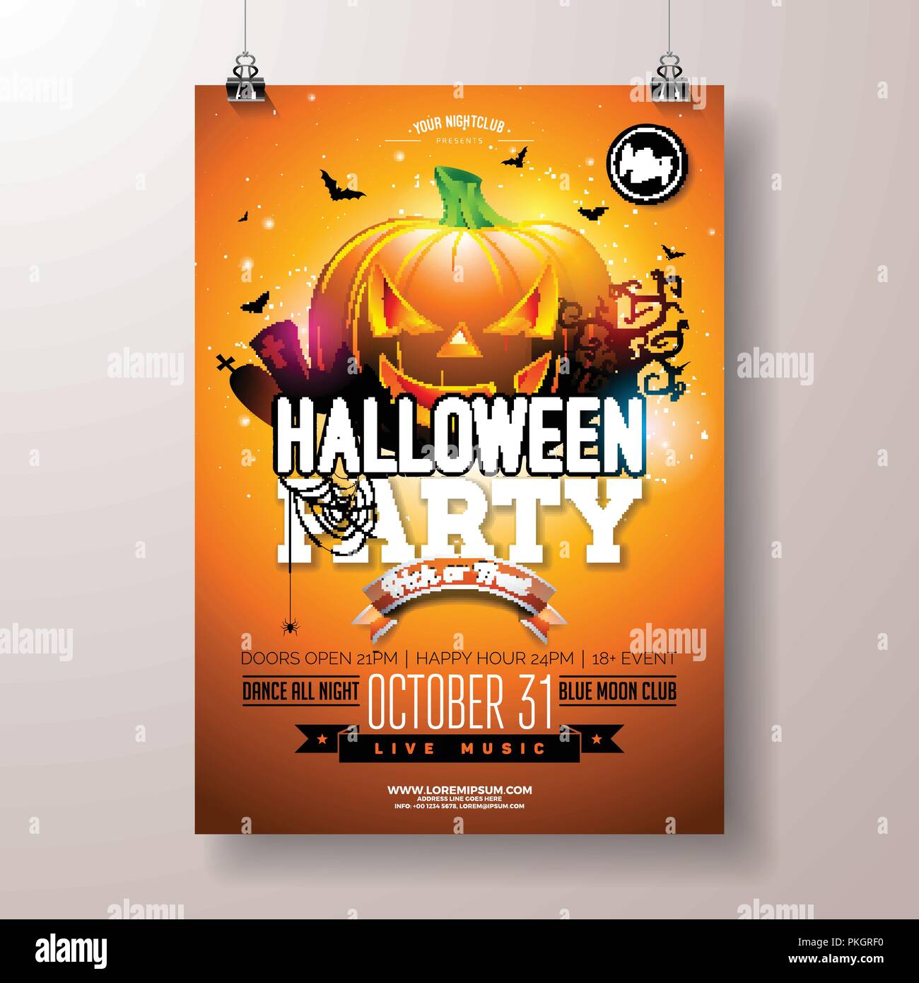 Halloween Party flyer vector illustration with scary faced pumpkin on ...