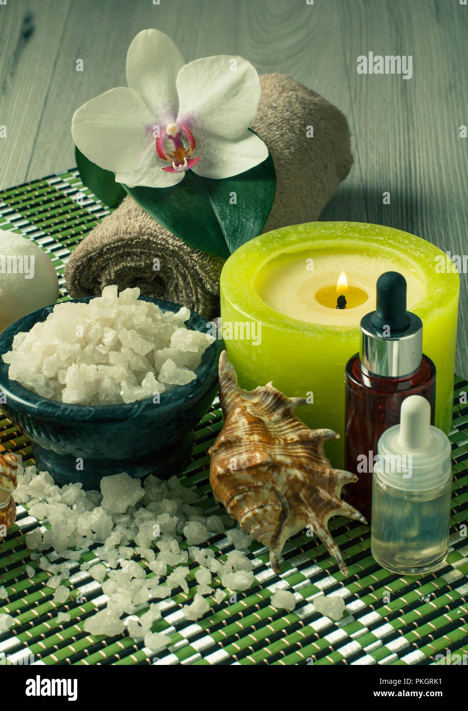 Spa And Wellness Setting With Orchid Flower Bowl With Sea Salt