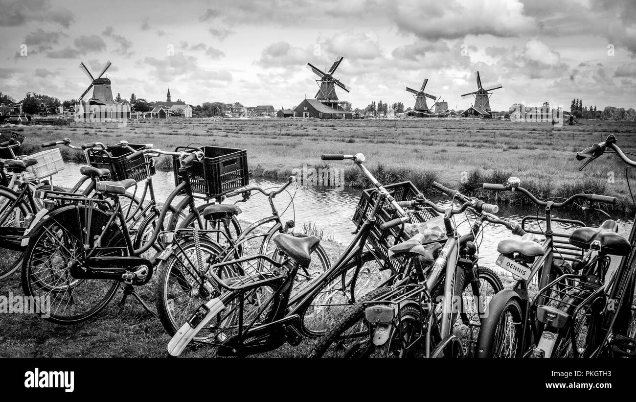 Several bikes leaning against each other with windmills in the back ground a very stereotypical Dutch landscape Stock Photo