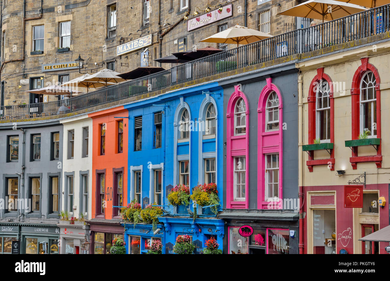 EDINBURGH SCOTLAND VICTORIA TERRACE AND THE COLOURED SHOPS BELOW IN EDINBURGH SCOTLAND VICTORIA TERRACE AND THE COLOURED SHOPS BELOW IN