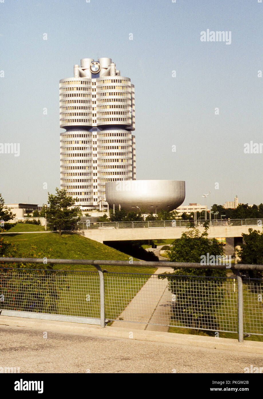 BMW Headquarters and Museum in Munich, Bavaria, Germany. Original archive image taken in 1979 on 35mm colour slide film. Stock Photo