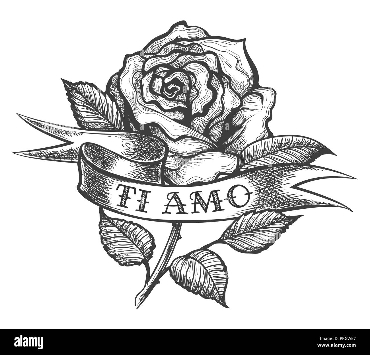 Rose flower and ribbon with wording the inscription in Italian Ti Amo which means I love you. Vector illustration in tattoo style. Stock Vector