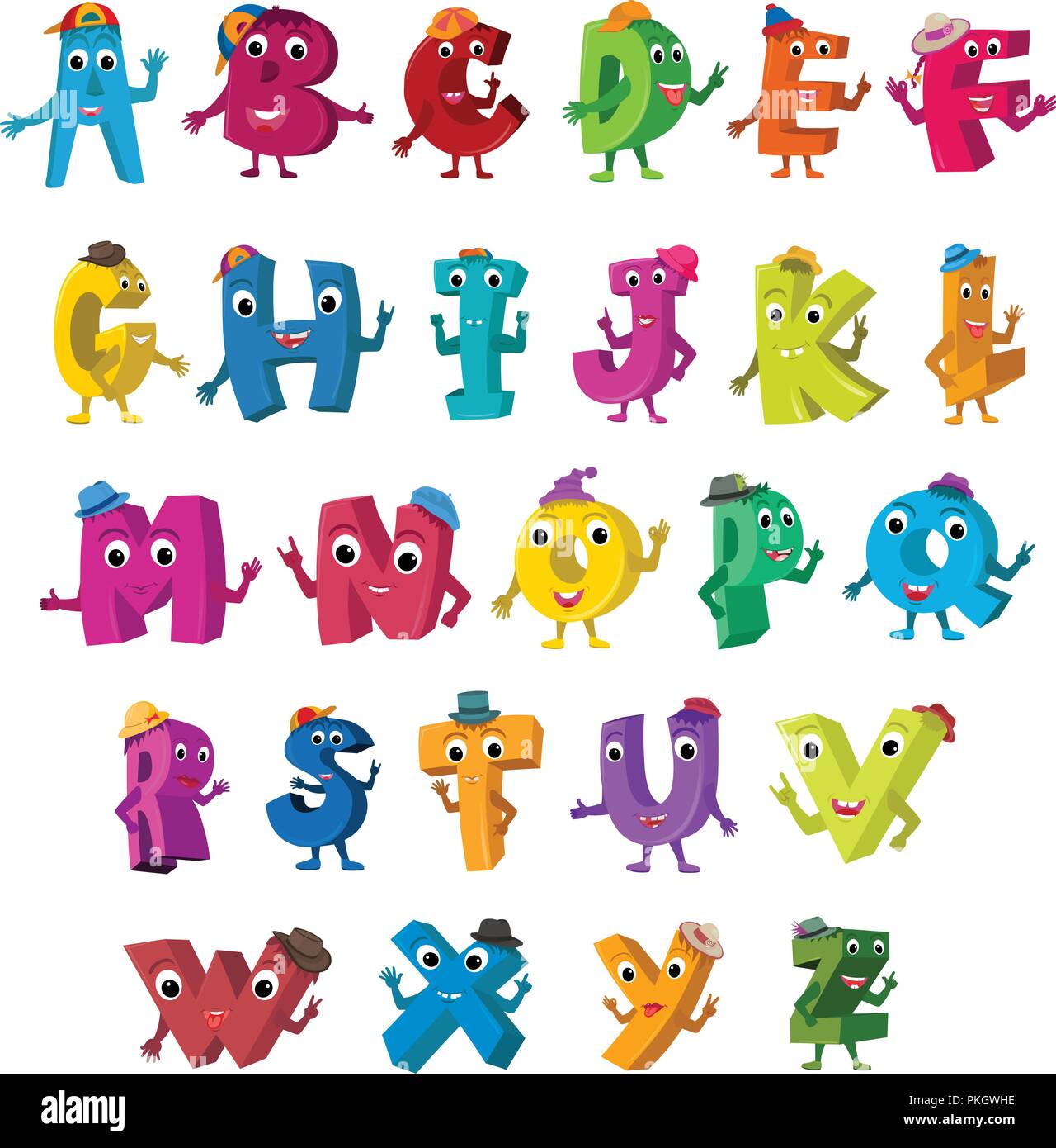 ABC Funny Alphabet Characters. Alive Letters with hats design color set. Stock Vector