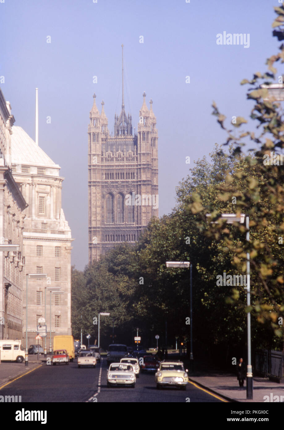 Thames House and Victoria Tower at the House of Lords as seen from Millbank, London in November 1971. Stock Photo