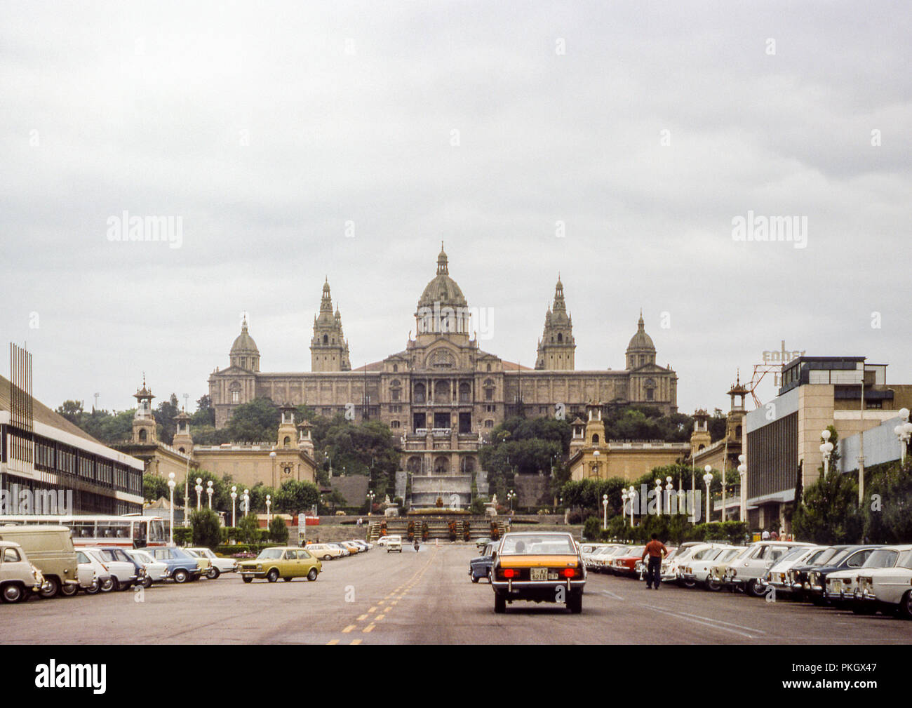 The National Palace of Montjuïc - Palacios de Alfonso XIII y Victoria Eugenia as seen from Avinguda de la Reina Maria Cristina - Original 1975 Archival Photo. Stock Photo