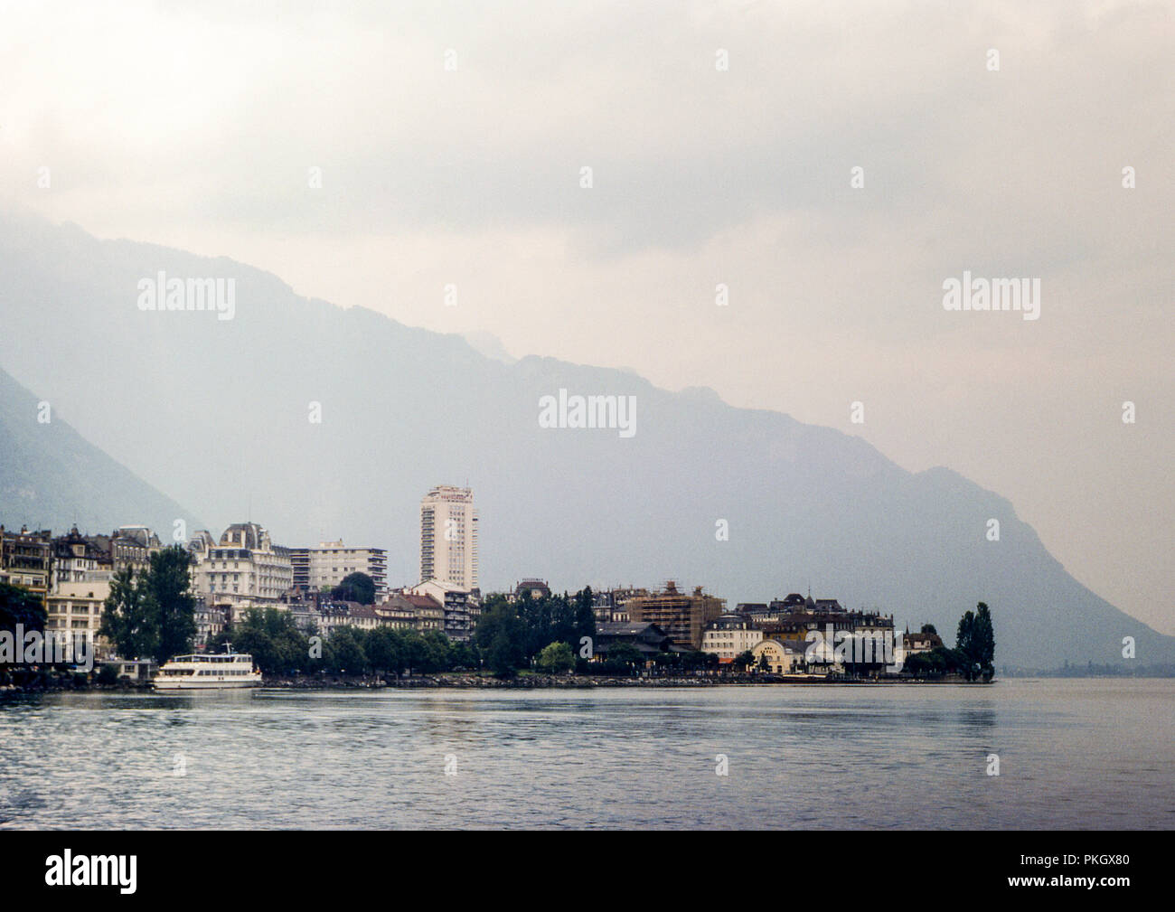 View of Montreux, on the shoreline of Lake Geneva, Switzerland. Original archive image taken in August 1976 on colour slide film. Stock Photo