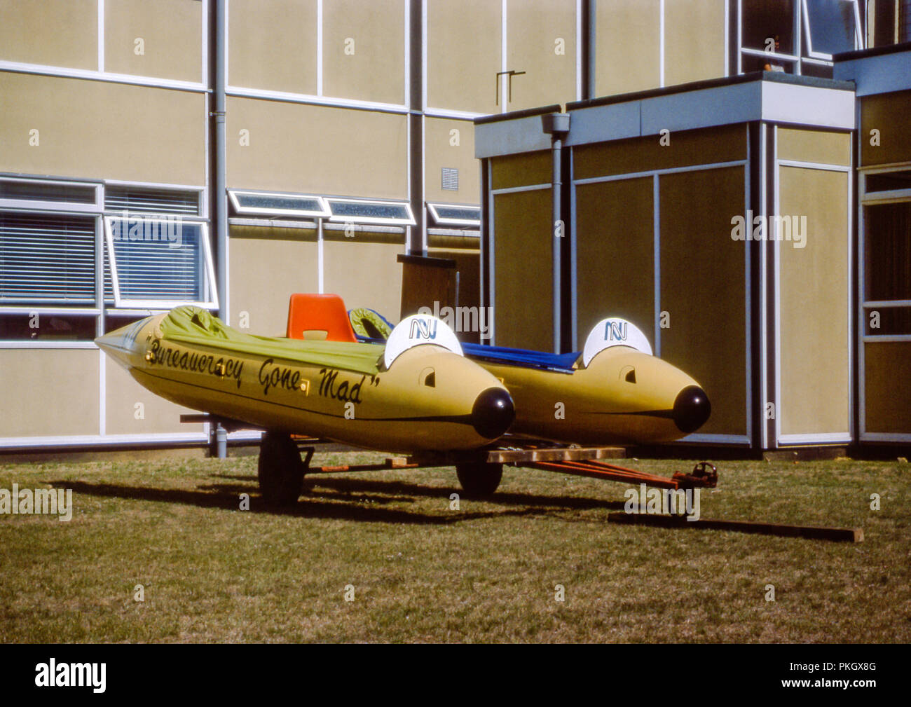 Homemade tandem canoes made for the Cromer Carnival in 1976 by staff at North Norfolk County Council. Original archive image taken in 1976. Stock Photo