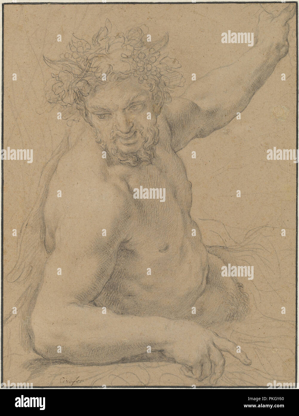 Faun Reclining. Dated: 1660/1680. Dimensions: sheet: 32 x 24.5 cm (12 5/8 x 9 5/8 in.). Medium: black and white chalk on light brown laid paper. Museum: National Gallery of Art, Washington DC. Author: Ciro Ferri. Stock Photo