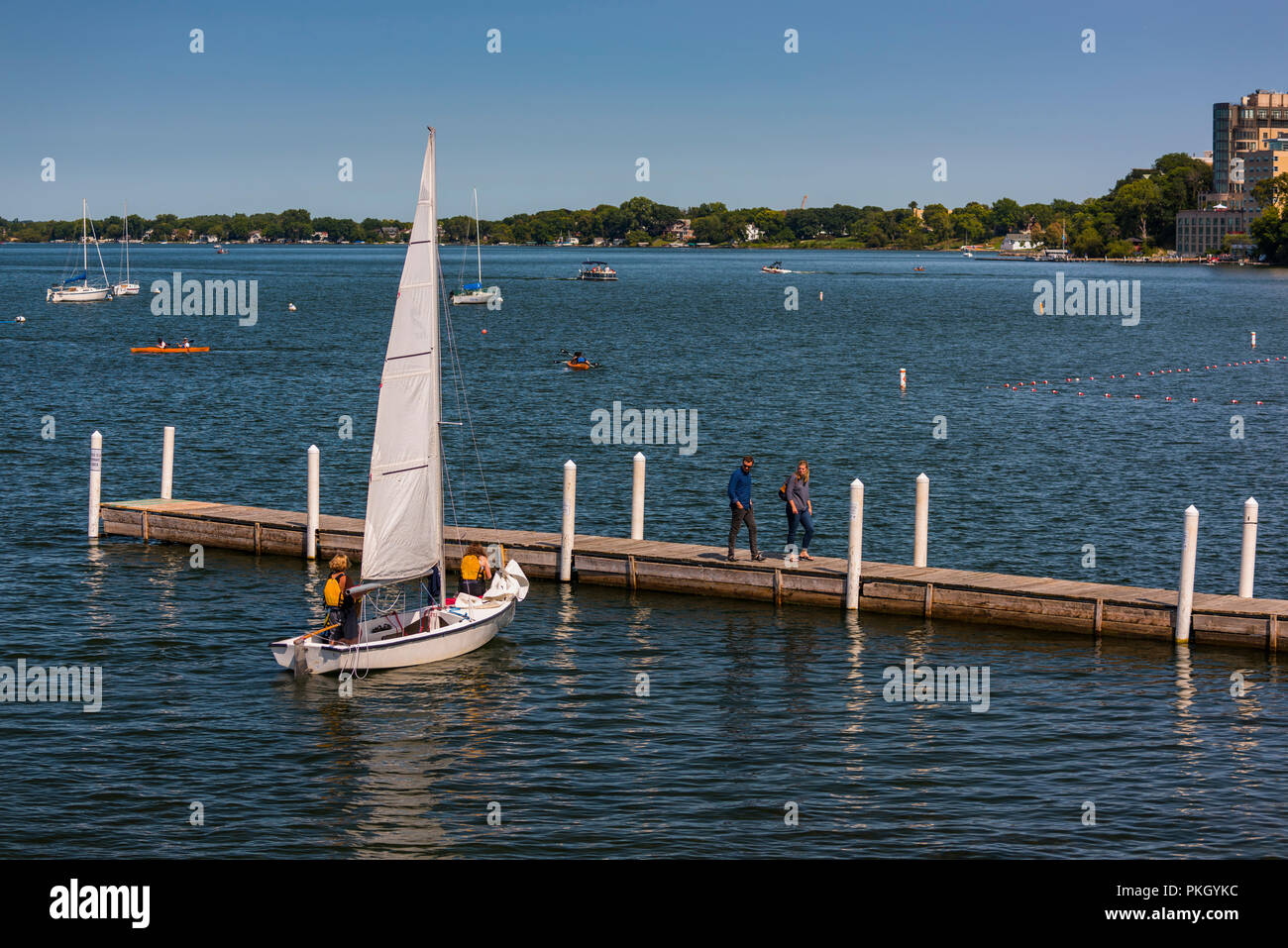Sailboat at dock on Lake Mendota, Madison, Wisconsin. Stock Photo