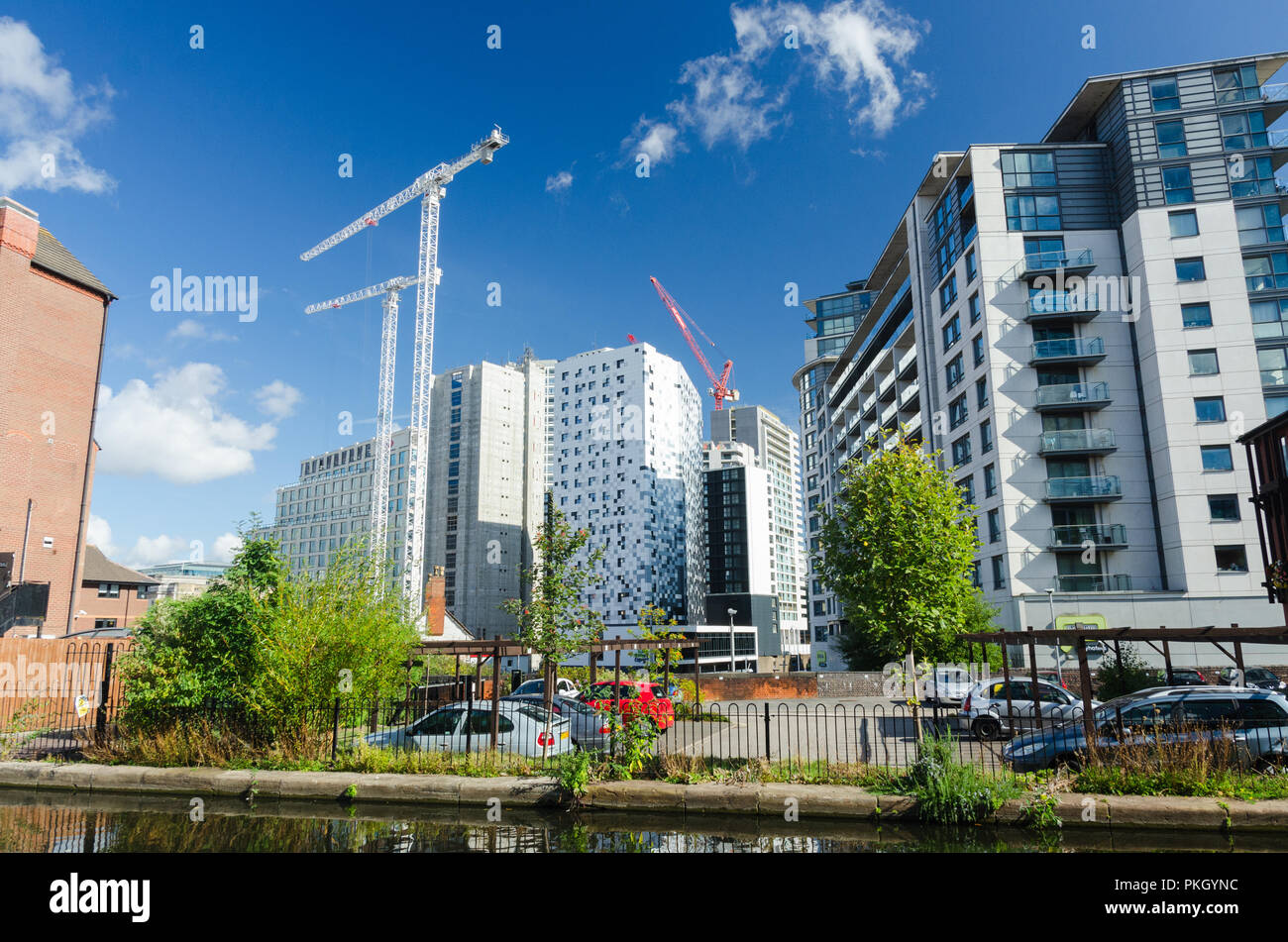 Birmingham skyline viewed from the canal by the Mailbox with major construction projects taking place Stock Photo