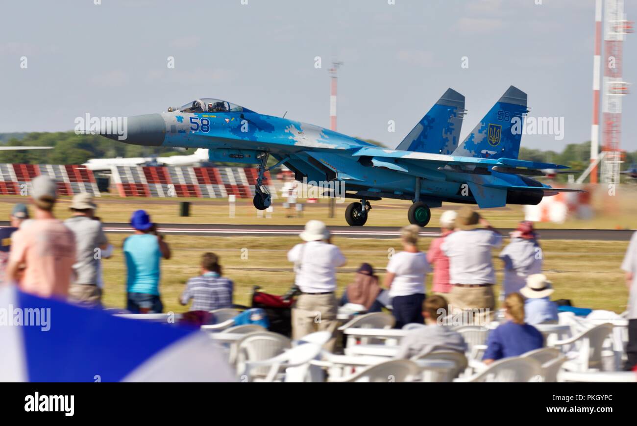 Ukrainian Air Force Sukhoi Su-27 codenamed 'Flanker' by NATO landing at RAF Fairford Stock Photo