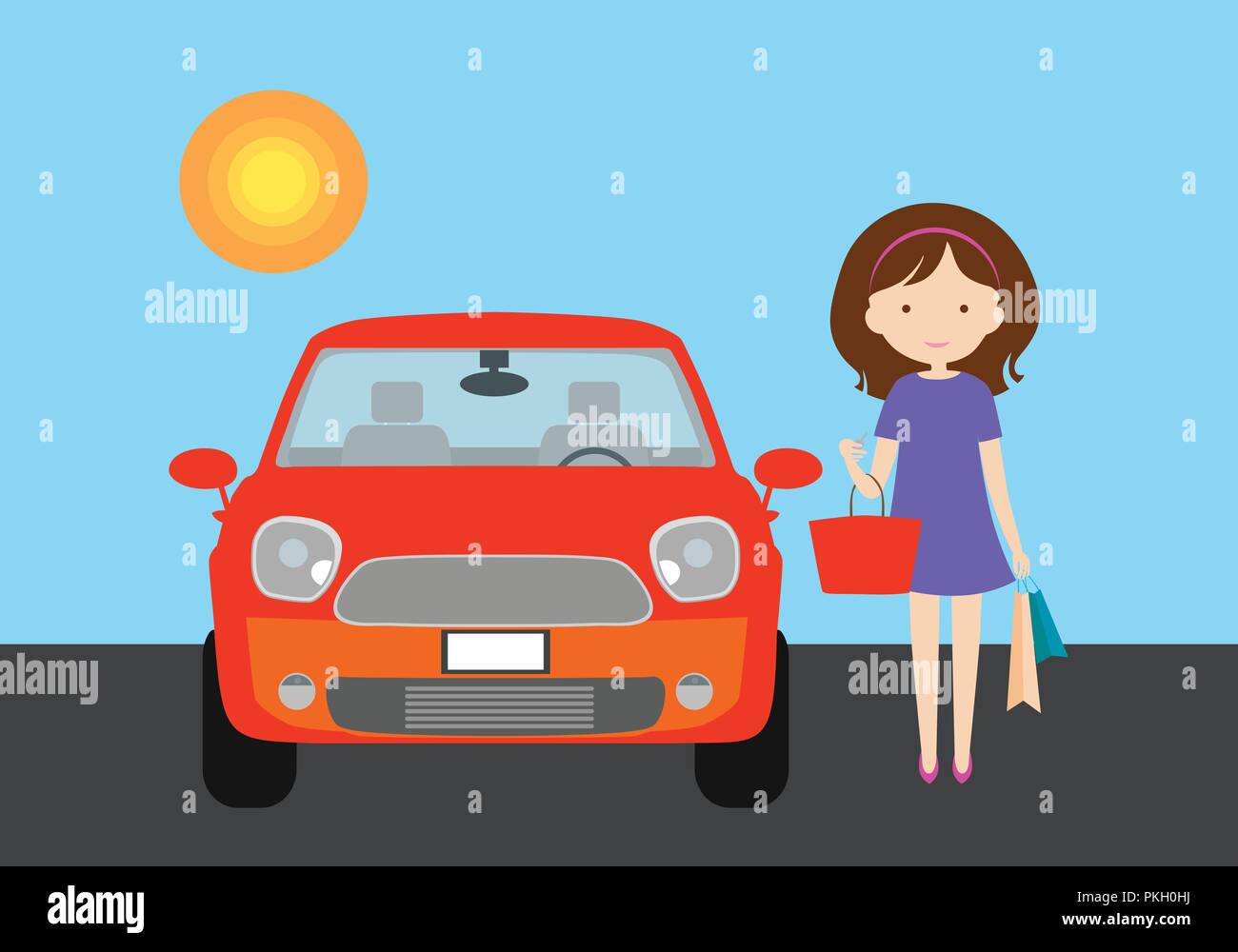 Flat design cartoon woman in purple dress with shopping bags, key and handbag standing by red car under blue sky with sun - vector Stock Vector