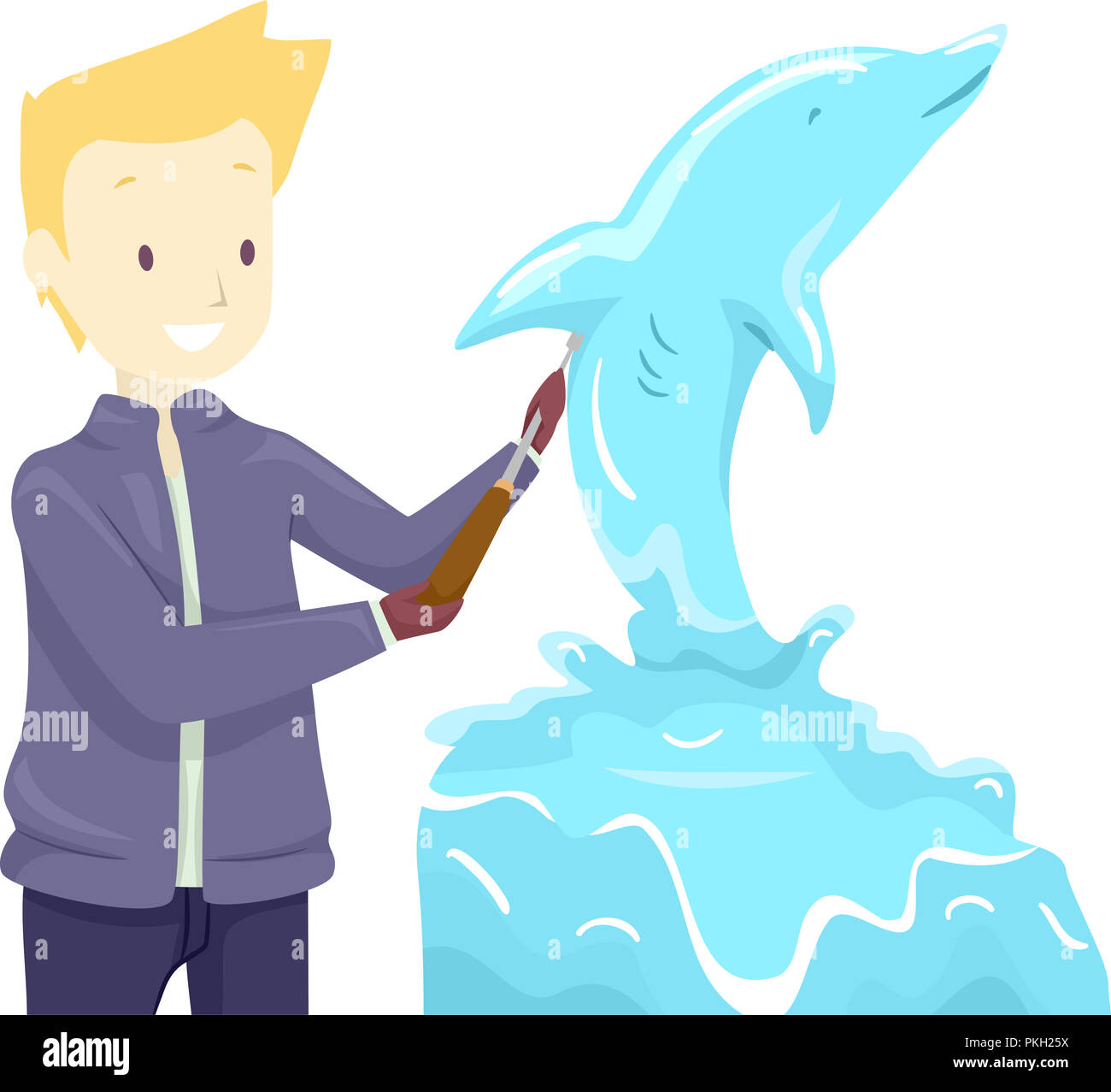 Illustration of a Sculptor Sculpting a Dolphin Ice Sculpture using