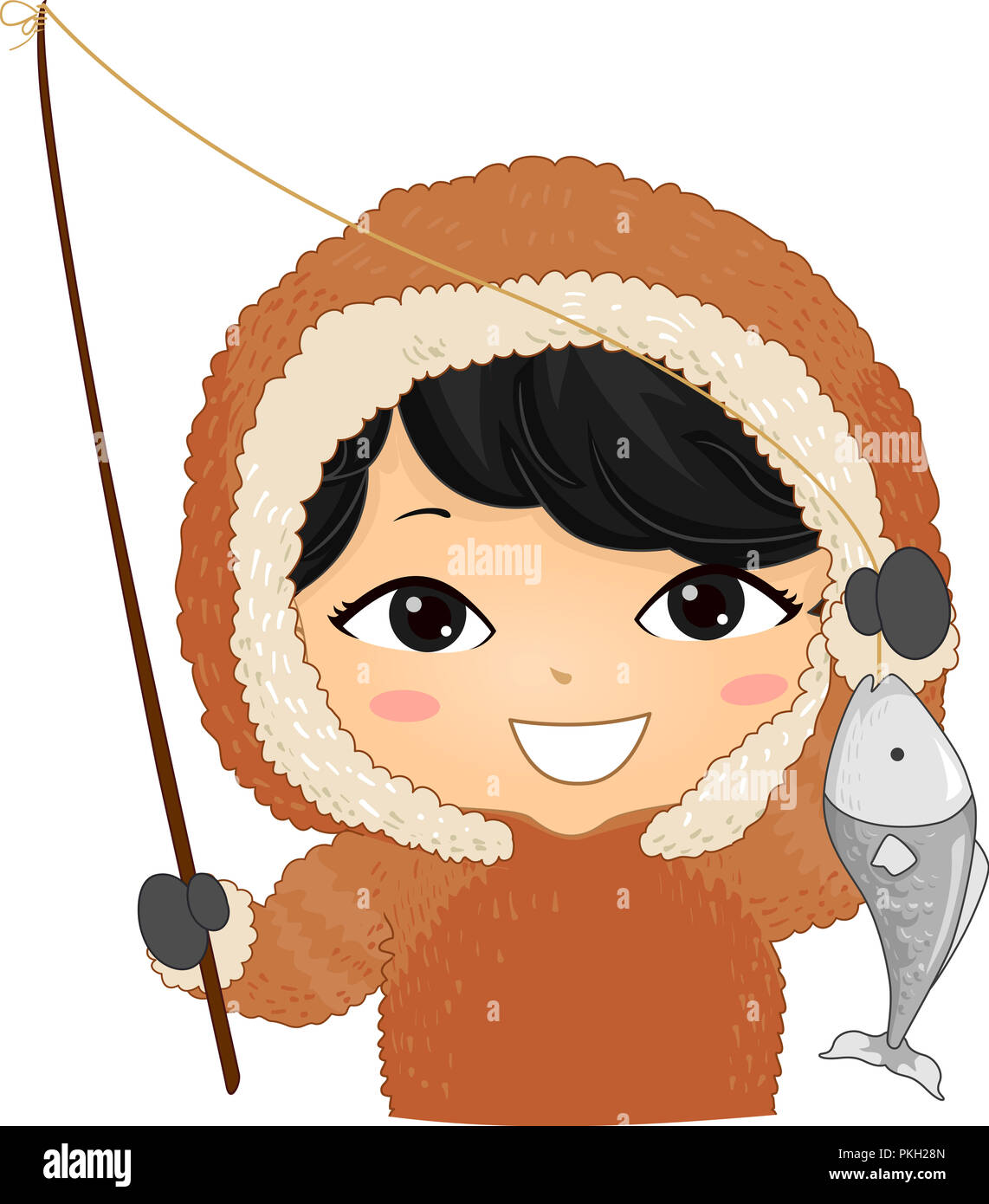 Illustration of a Kid Boy Eskimo Holding a Fishing Rod and a Fish He