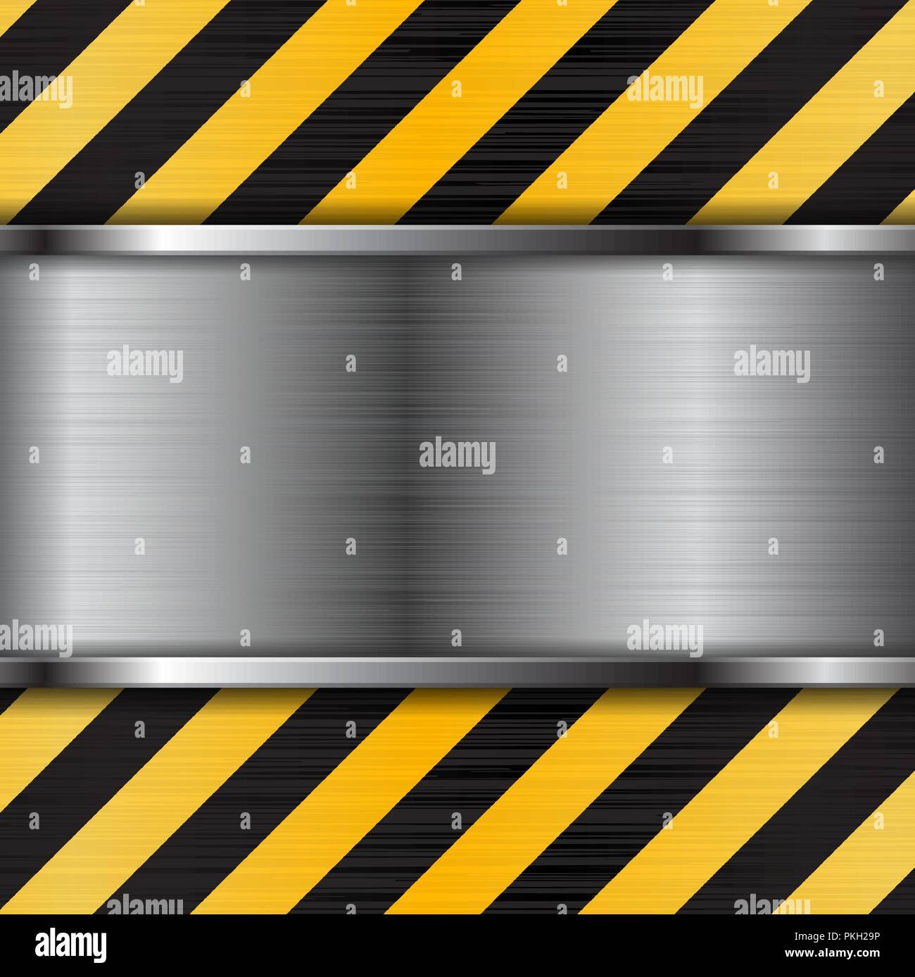 Brushed metal texture with black yellow stripes. Under construction background Stock Vector