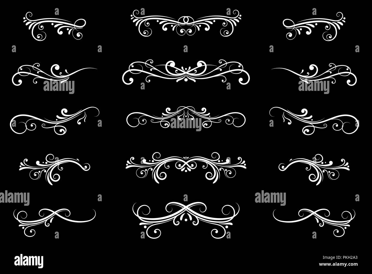 Dividers. White filigree floral decorations on black background Stock Vector