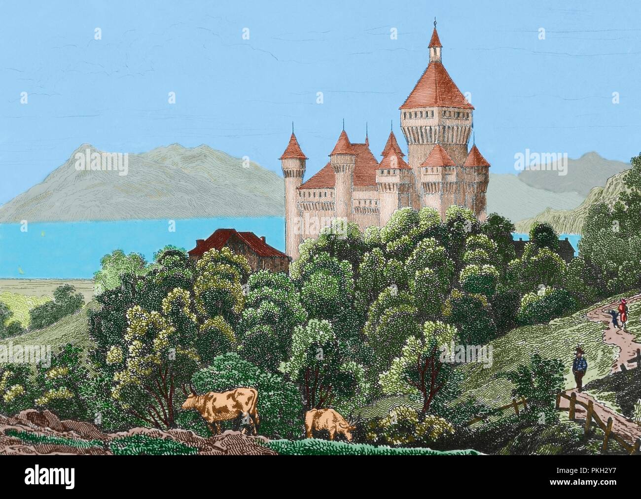 Castillo de Wuflens, próximo al Lago Ginebra. Suiza. Grabado del siglo XIX, por Rouargue. Coloreado. Stock Photo