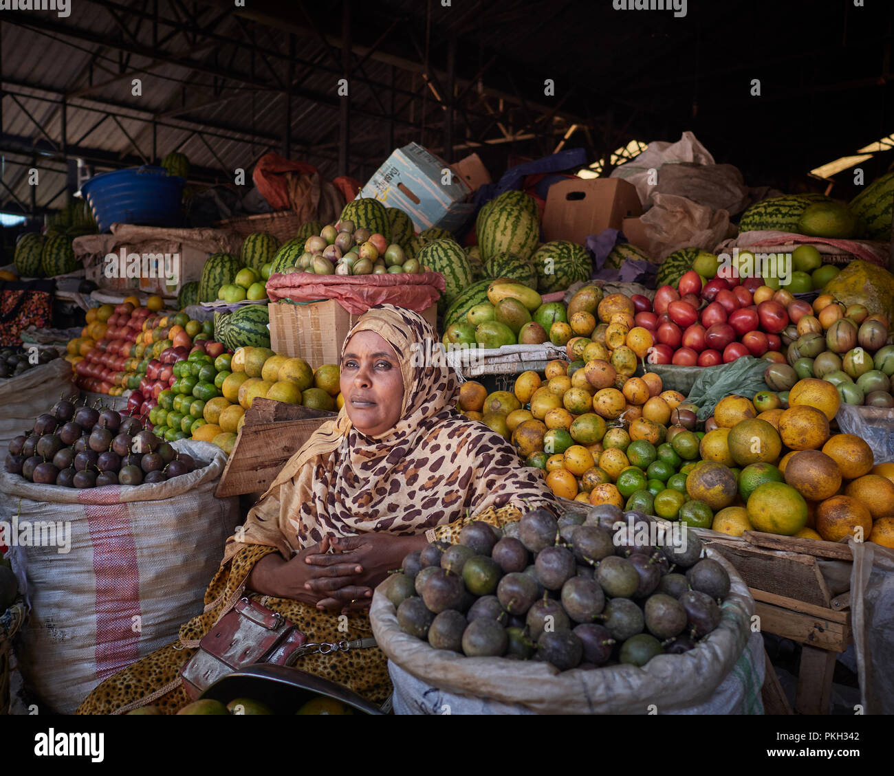 Market seller of fruit and vegetables, market, Kigali, Rwanda Stock Photo