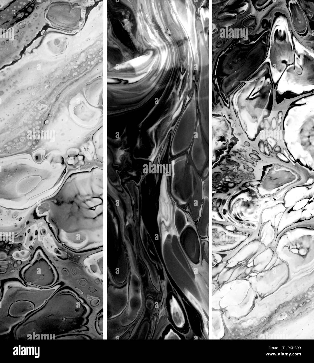 Liquid marbling black paint vertical textures collection. Grunge acrylic fluid stains. Monochrome paint brushstrokes and streaks. Marble background. Gouache diffusion poster design. Black raster Stock Photo