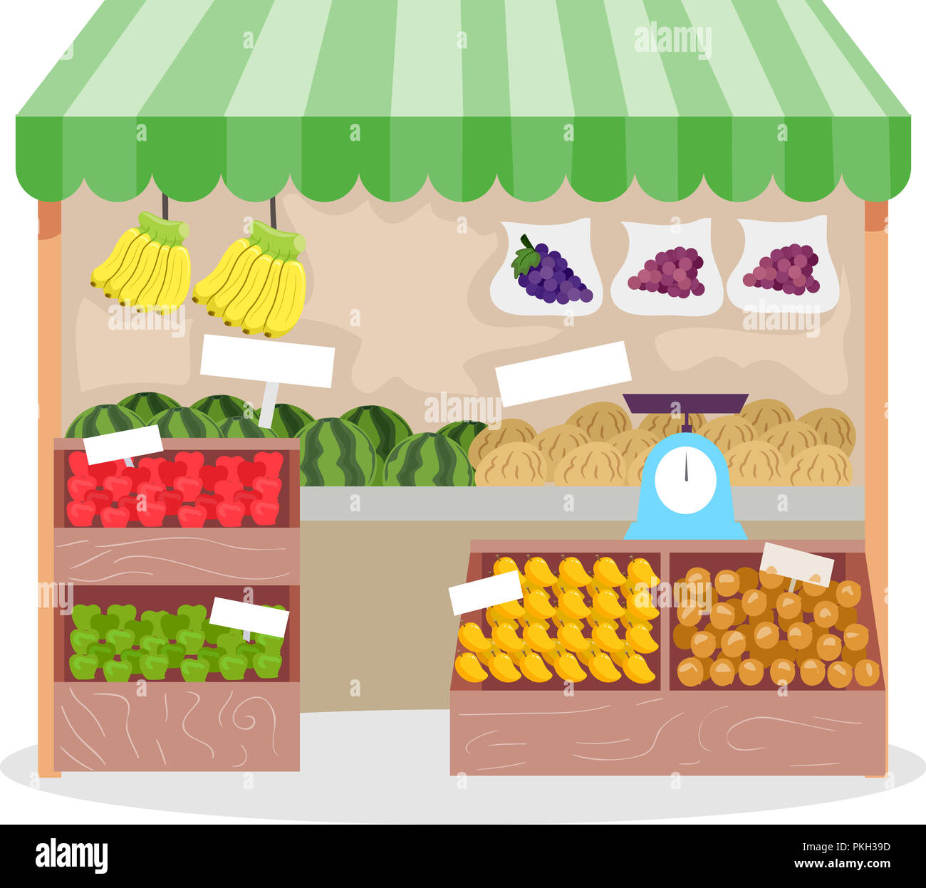 https://c8.alamy.com/comp/PKH39D/illustration-of-a-fruit-stand-with-several-fruits-and-a-weighing-scale-on-display-PKH39D.jpg