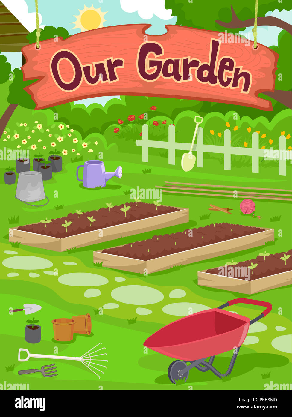 Illustration of a Vegetable Garden with Plots, Seedlings, Gardening Tools and Our Garden Signage