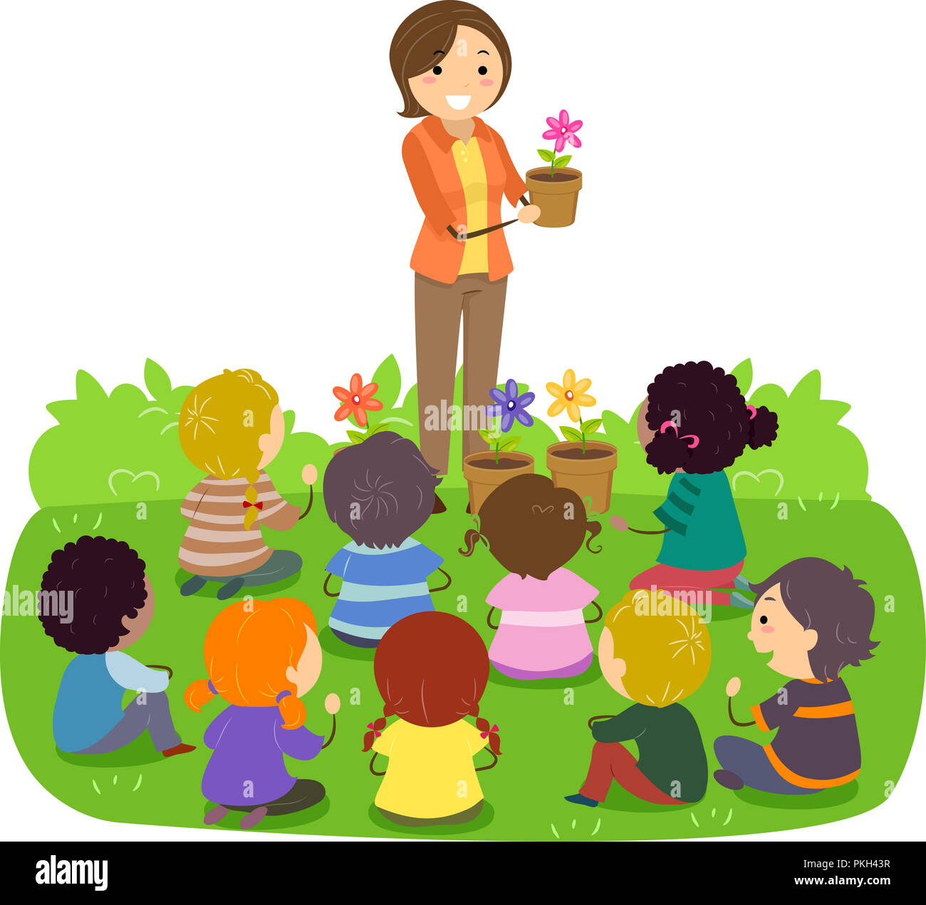 Illustration of a Stickman Teacher Teaching Flowers and Gardening to Kids in the Garden Stock Photo