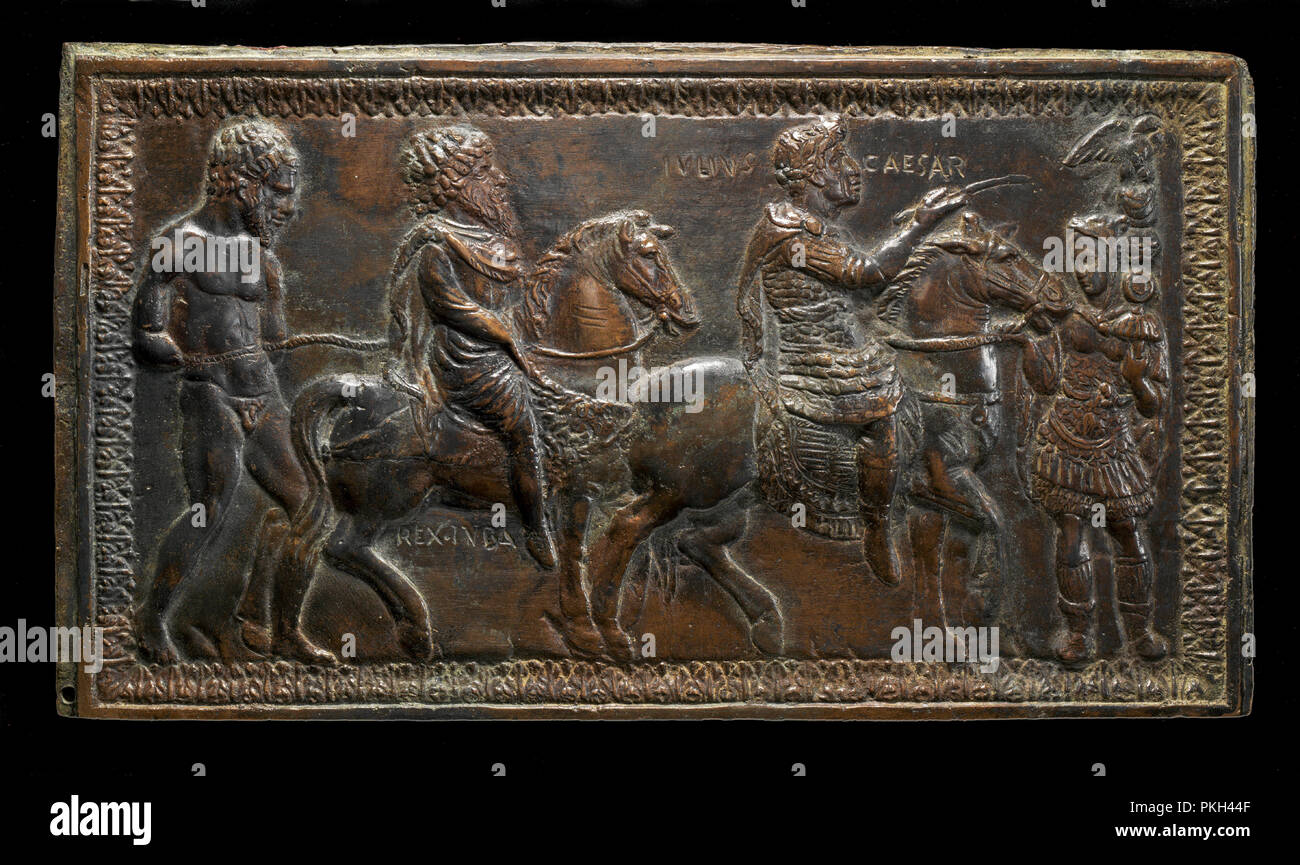King Juba I of Numidia Led in Triumph by Julius Caesar. Dated: c. 1433/1435. Dimensions: overall: 15.4 x 27.4 cm (6 1/16 x 10 13/16 in.). Medium: bronze. Museum: National Gallery of Art, Washington DC. Author: Filarete. Stock Photo