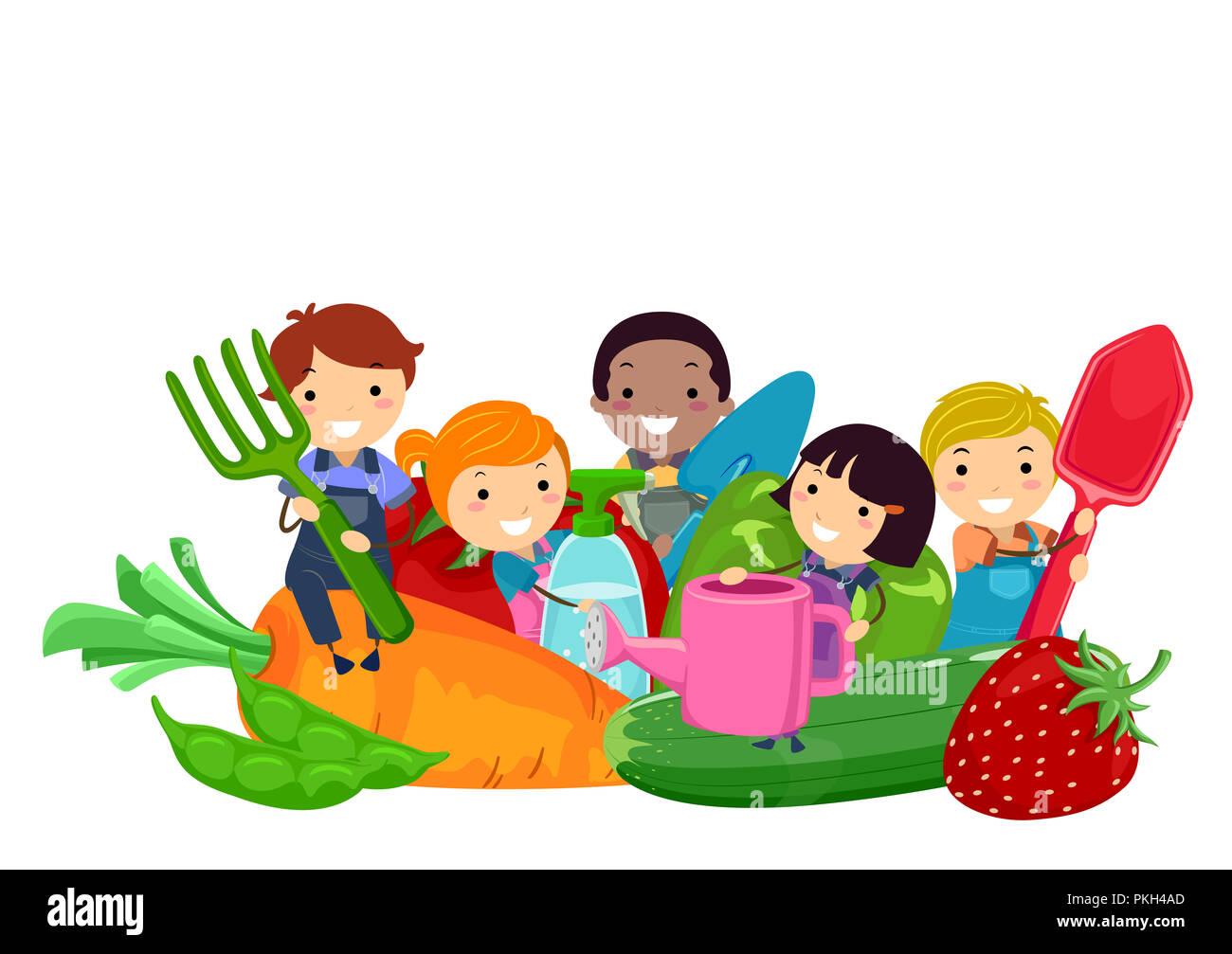 Illustration of Stickman Kids with Garden Tools and Vegetables like Carrots, Strawberry, Cucumber, Tomato, Bell Pepper and Peas Stock Photo