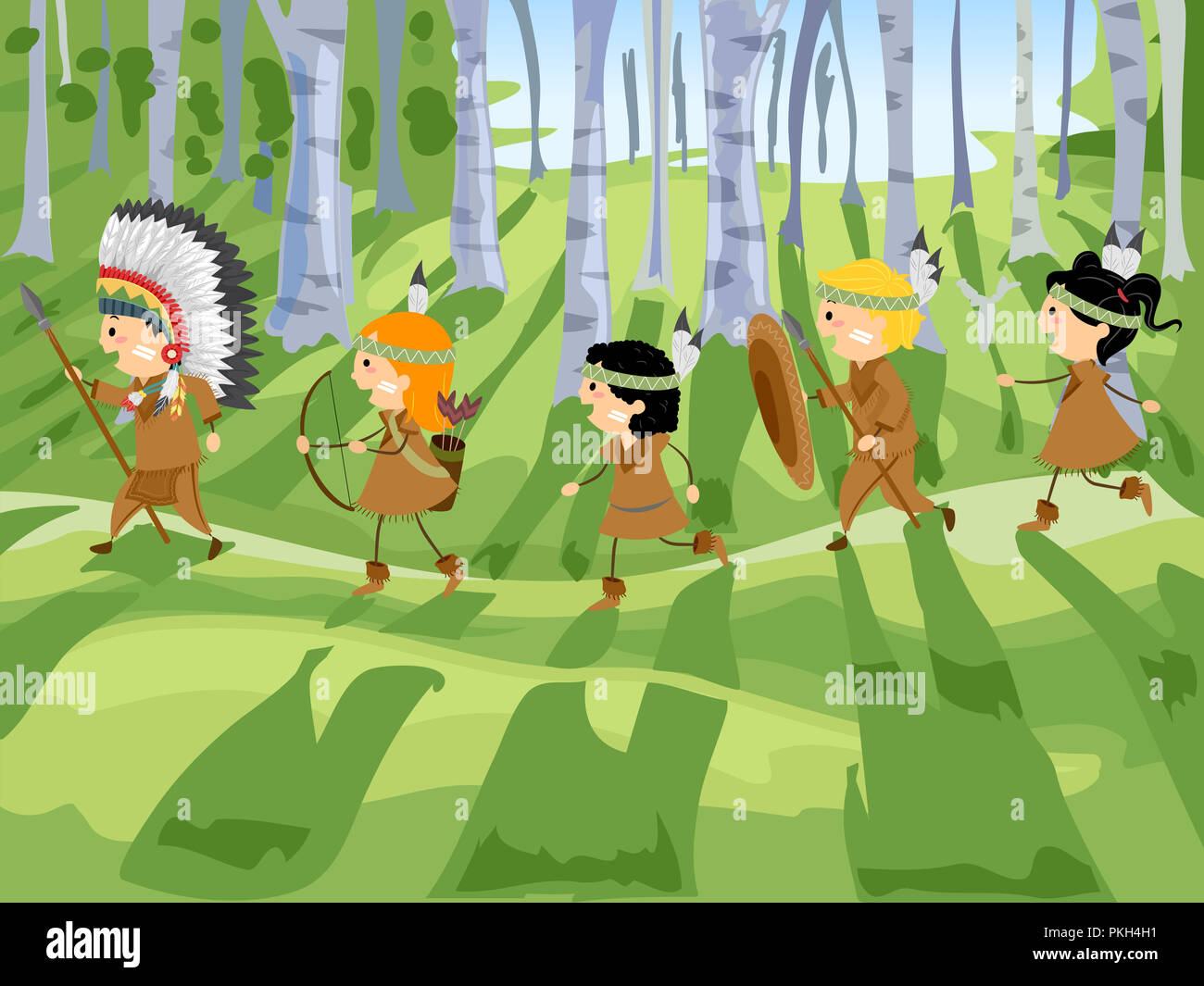 Illustration of Stickman Kids in Native American Costume Running in the  Forest Hunting Stock Photo - Alamy