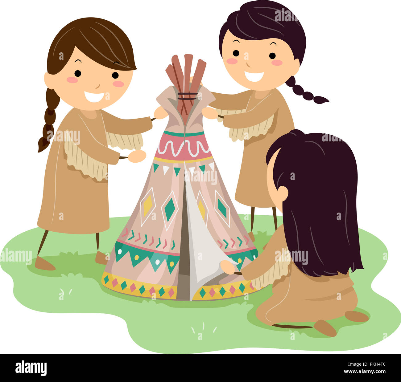 Illustration of Stickman Native American Kid Girls Making a Mini Teepee Stock Photo
