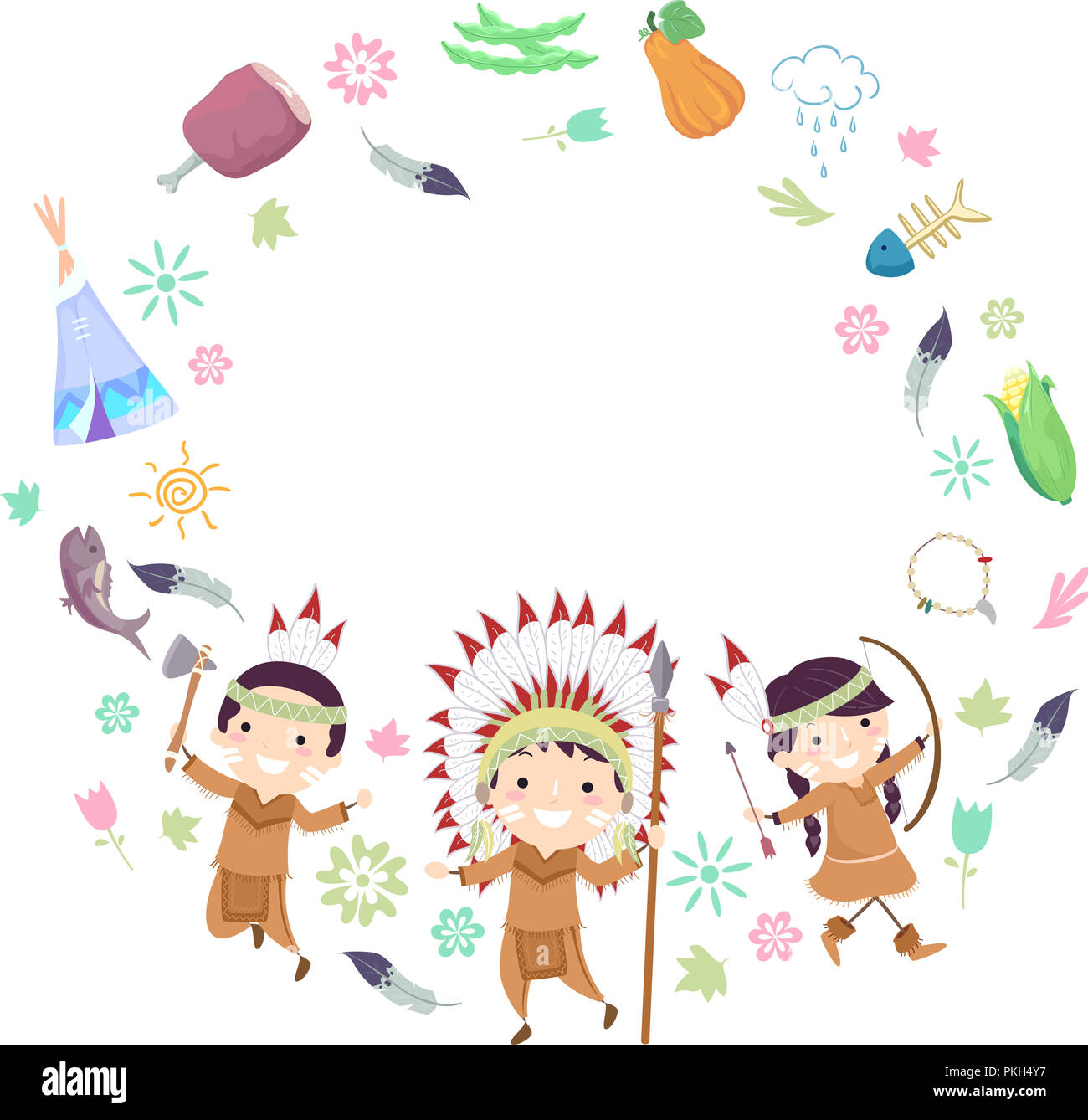 Illustration of Stickman Native American Kids with Spear and Bow and Arrow with Different Tribal Elements Frame Stock Photo