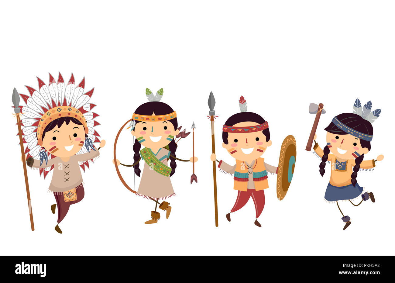 Illustration of Stickman Kids Wearing Different Native American Costumes Stock Photo