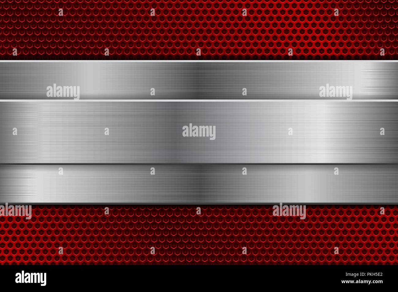 Red metal background with perforation and brushed steel plate Stock ...
