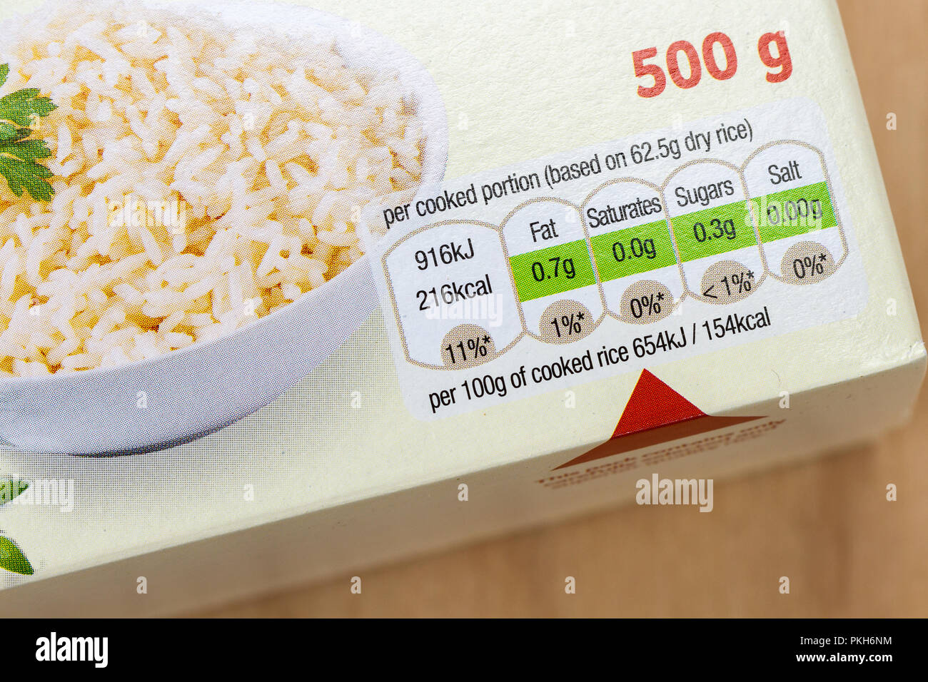 Food label nutritional information close up on a box of boil in the bag rice, United Kingdom Stock Photo