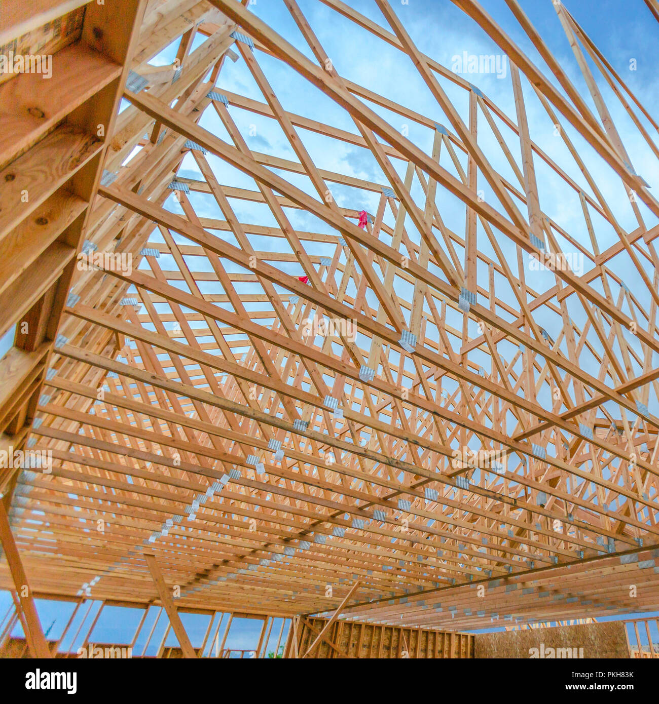 Roof beams wooden close up wide angle Stock Photo