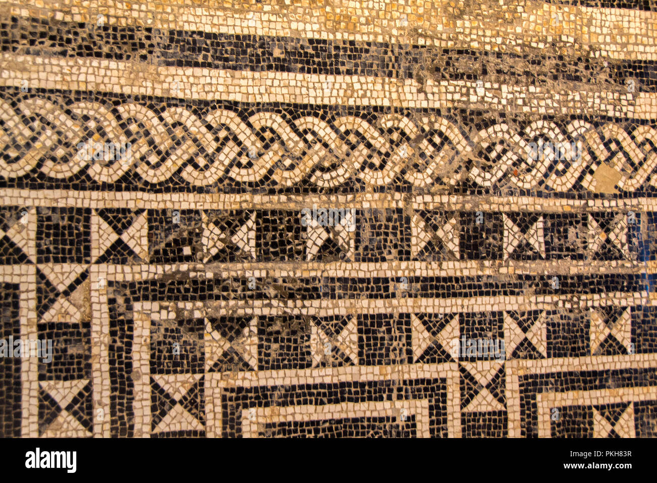 Ancient Roman mosaic in city of Pula, Croatia. Floor mosaic The Punishment of Dirce Stock Photo