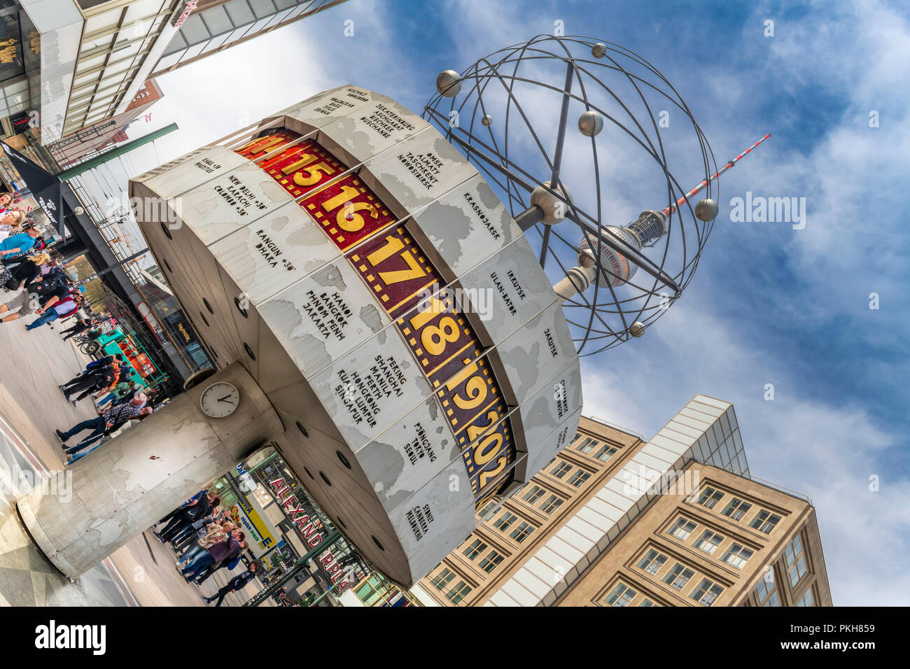 The World Clock, also known as the Urania World Clock, is located in the public square of Alexanderplatz in Mitte, Berlin, Germany. Stock Photo